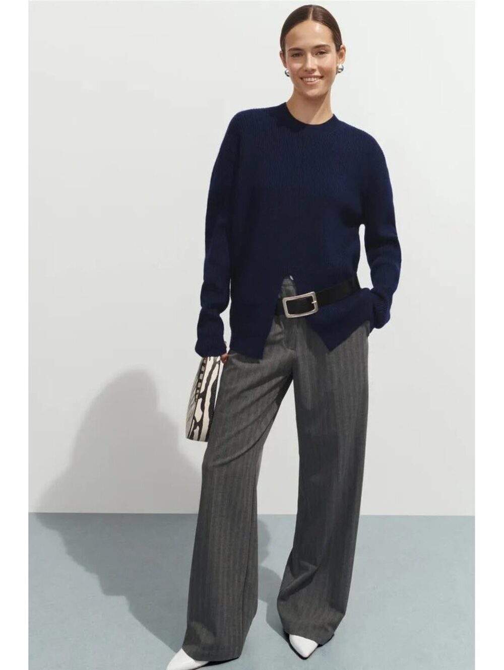 Tibi Navy Wool Sweater Split Front Size M Ribbed Knit